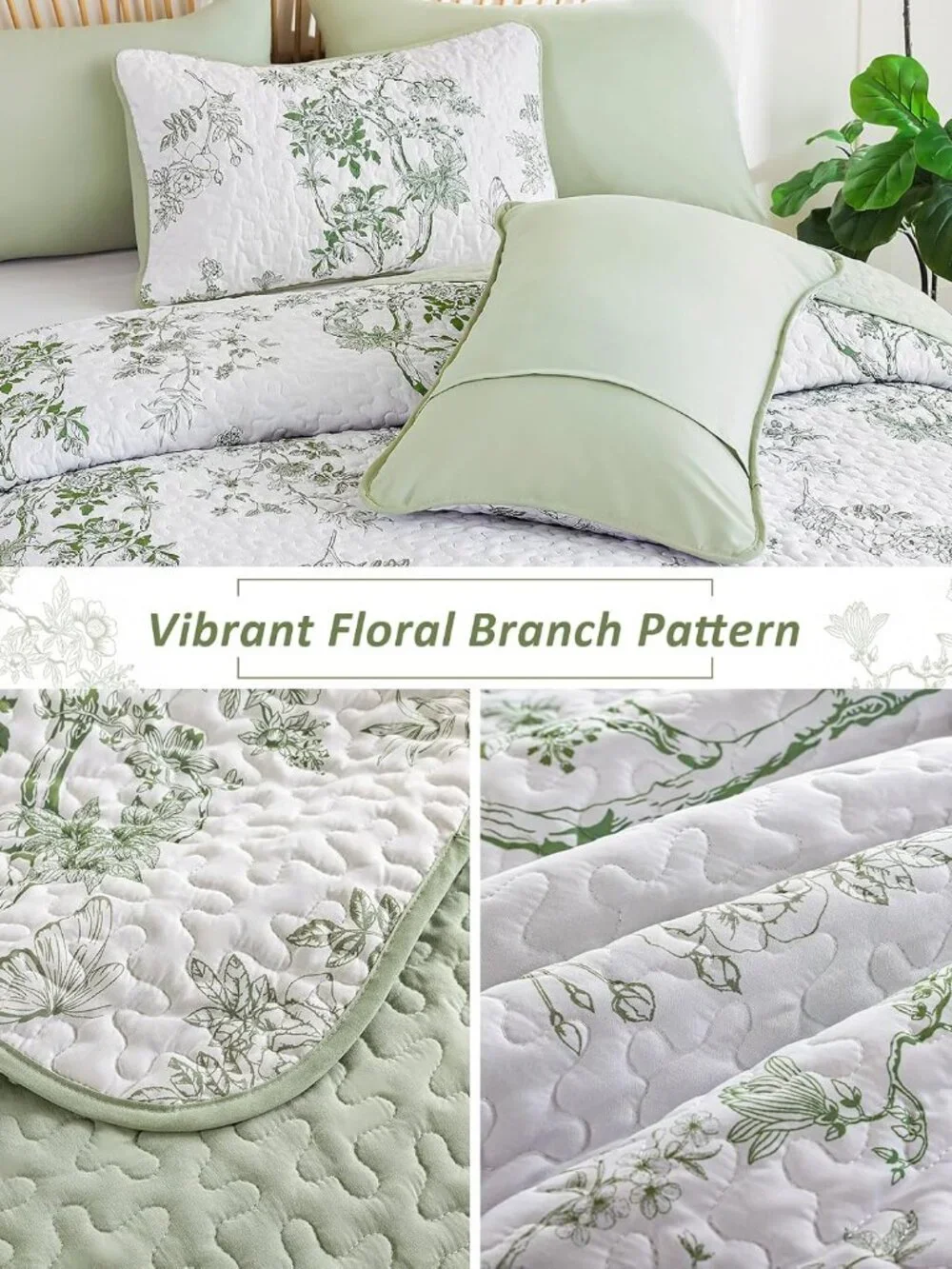 Floral Quilt Set Full,Green Botanical Pattern Quilts Bedspread Coverlet Set for